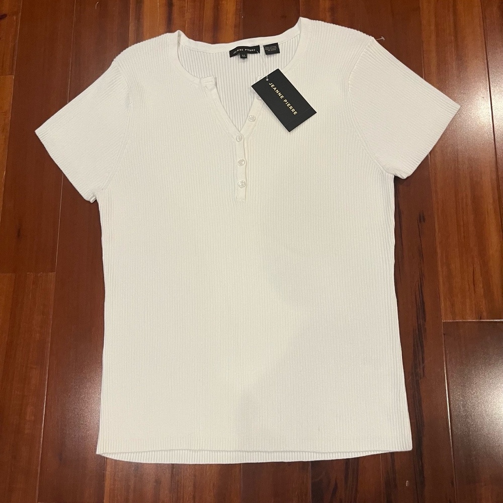 New NWT Jeanne Pierre White Knit‎ Top Short Sleeves Button Casual XL Extra Large